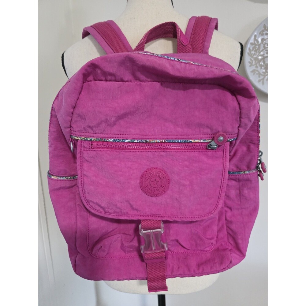 Really Rare KIPLING Hot Pink Challenger Medium BACKPACK Bag with Floral Trim GuC
